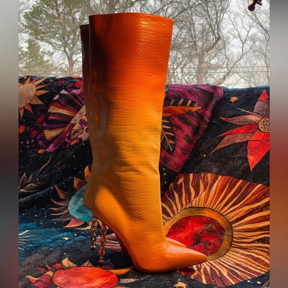 SIMMI London Sexy orange ombre snakeskin boots,gold chain link stiletto heel, 7 - Picture 3 of 16